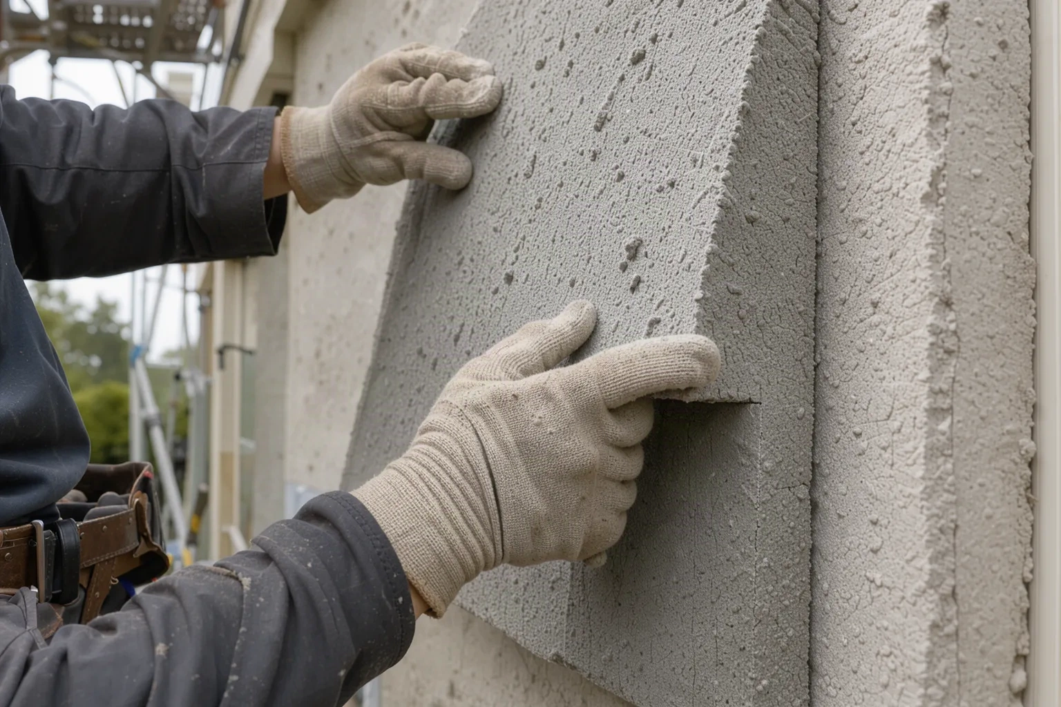 Gants d'ouvrier pressant un panneau d'isolant rigide contre un mur extérieur
