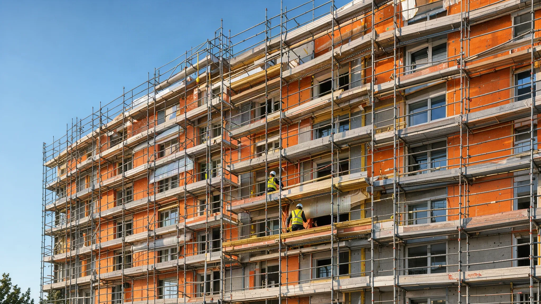 Immeuble collectif en pleine rénovation énergétique, façade équipée d'échafaudages et de panneaux isolants