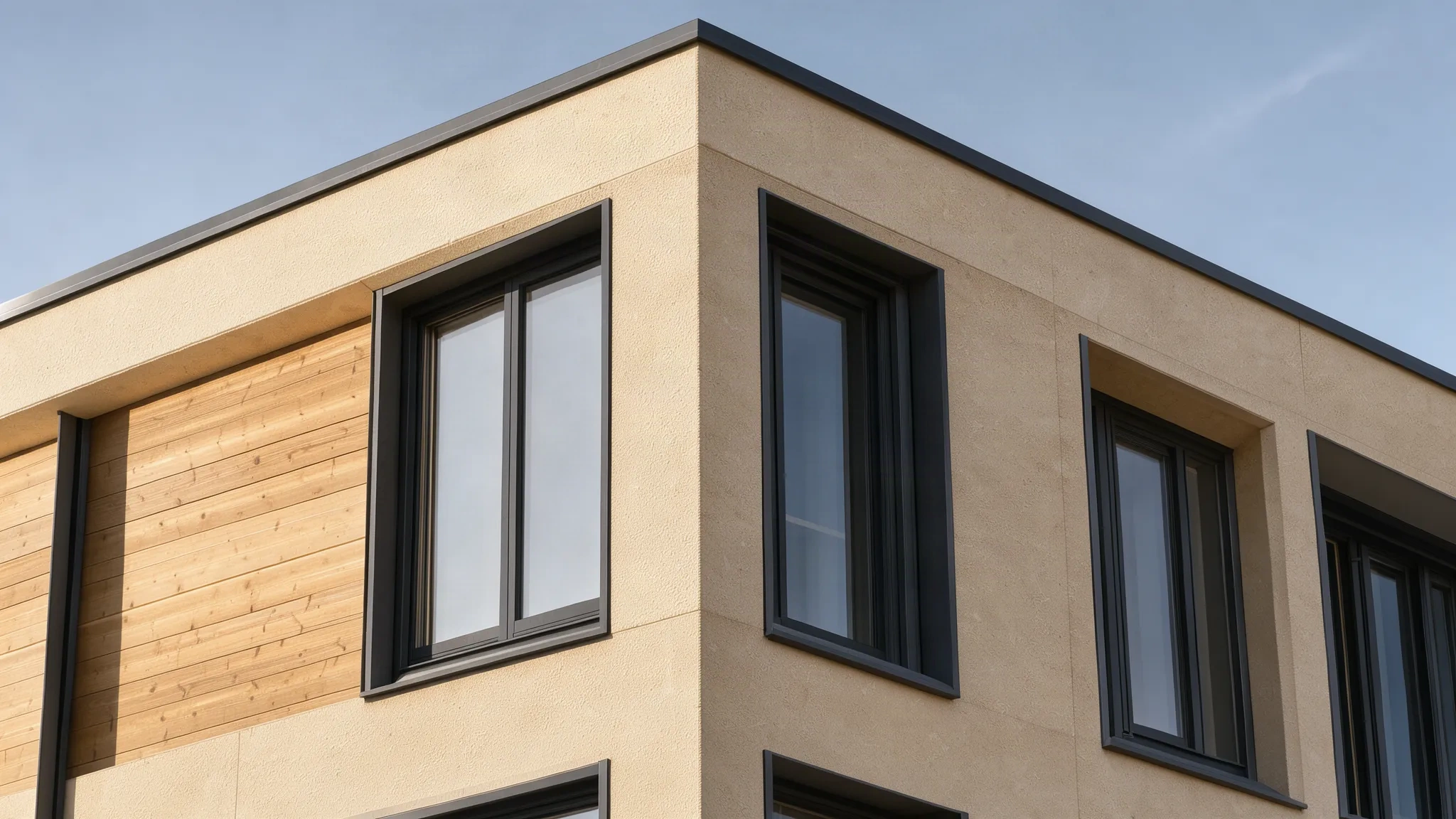 Angle d'une façade rénovée : enduit isolant beige et bardage bois clair aux lignes franches
