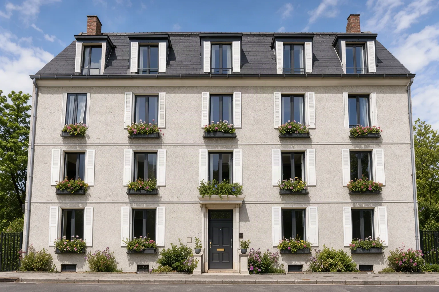 Immeuble des années 1930 après rénovation : enduit isolant gris clair et fenêtres anthracite neuves