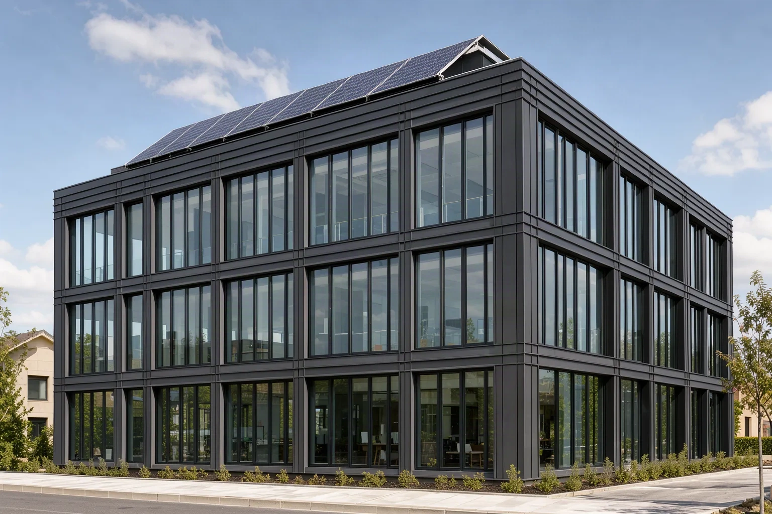 Bâtiment de bureaux rénové avec façade sombre contemporaine et panneaux photovoltaïques en toiture