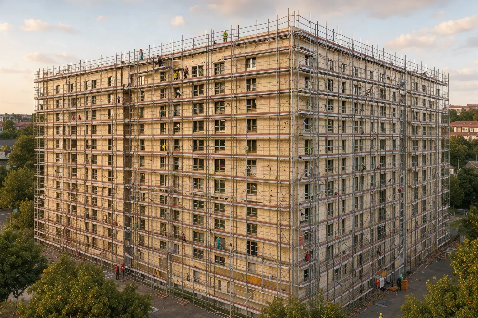 Façade d'une résidence collective rénovée par Arawox, échafaudages en cours de dépose