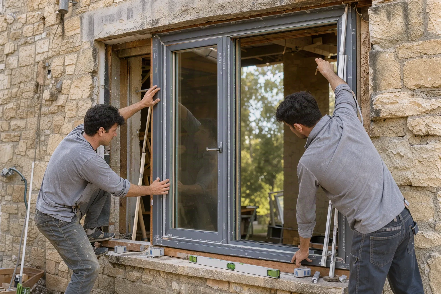 Deux menuisiers Arawox calant une nouvelle fenêtre à triple vitrage dans le bâti d'une maison ancienne