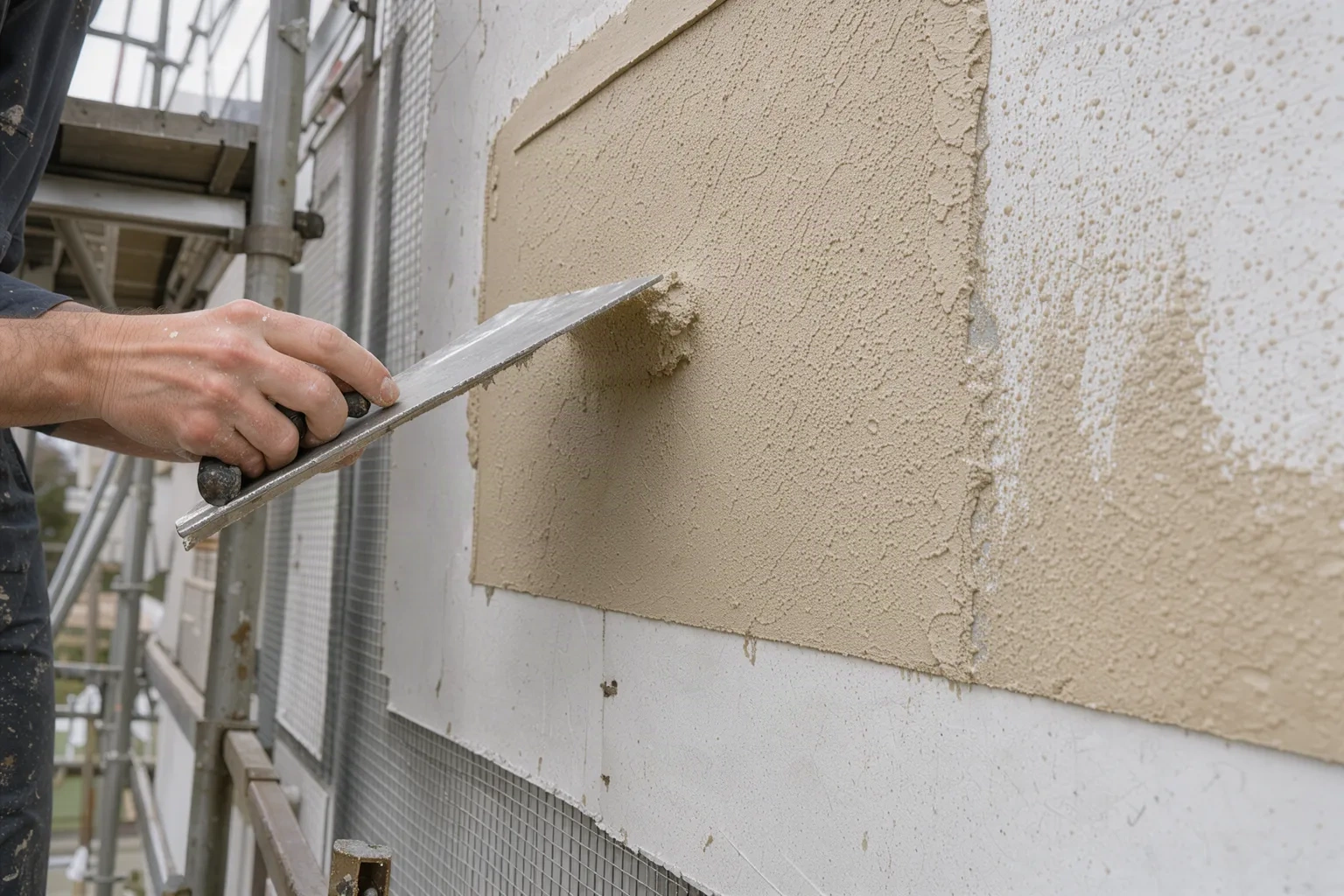 Façade en cours d'isolation par l'extérieur : panneaux isolants fixés et enduit de finition appliqué à la taloche