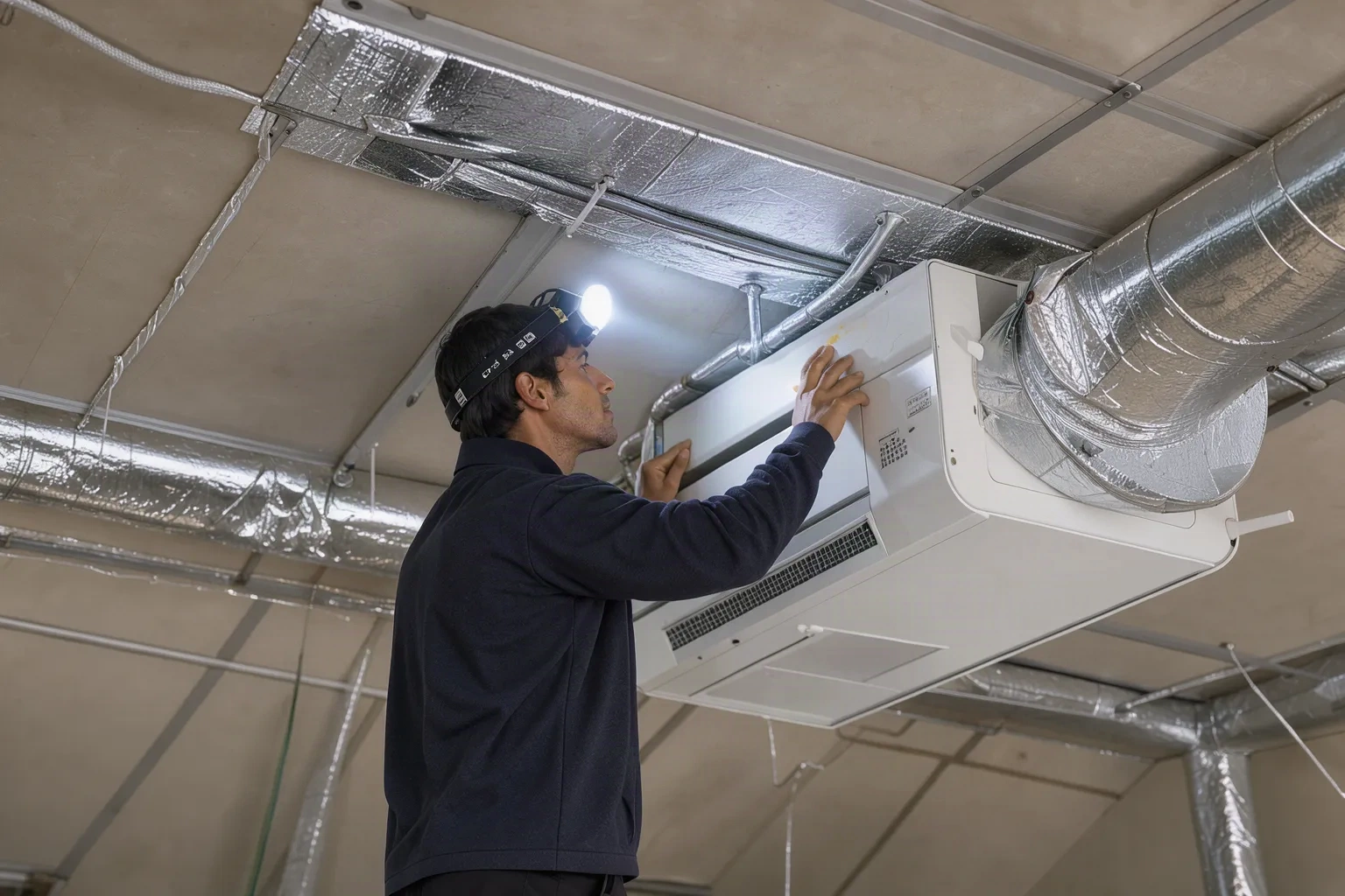 Installateur Arawox raccordant un caisson de VMC double flux et ses gaines isolées